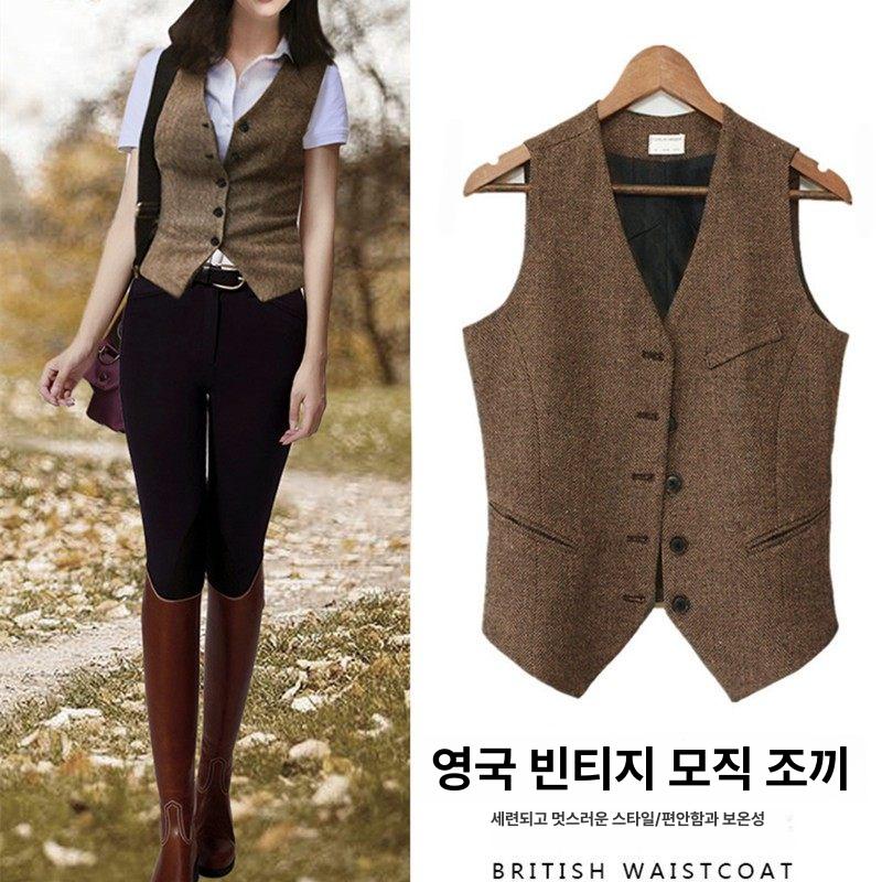 여성 승마 남여 헤링본 복고풍 조끼 숙녀 모직 정장 - 상품 이미지