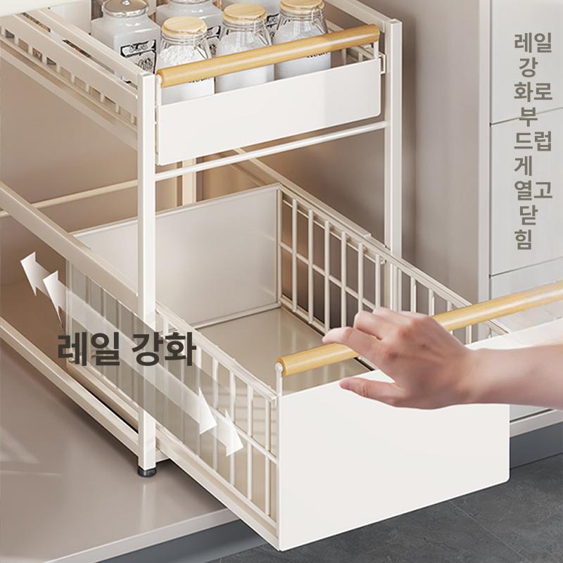 주방수납 슬라이딩선반 조미료정리대 인출식바스켓 스틸레일 하부장 공간활용 양념보관 화이트 - 상세 이미지 2