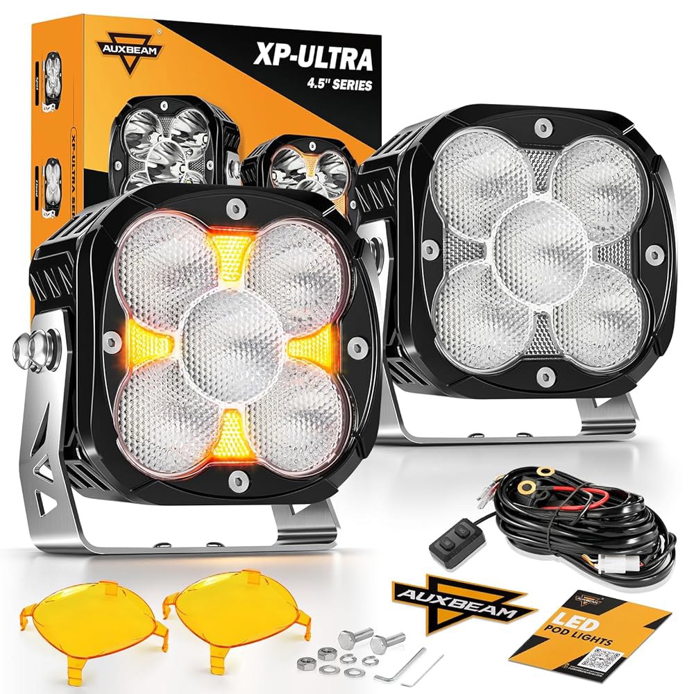 Auxbeam 4인치 LED 포드 라이트, 앰버 DRL이 장착된 XP 울트라 시리즈 128W 플러드 빔 오프로드 DT 플러그 배선 하네스가 라이트 커버가 구동 큐브 디치 페어 - 상품 이미지