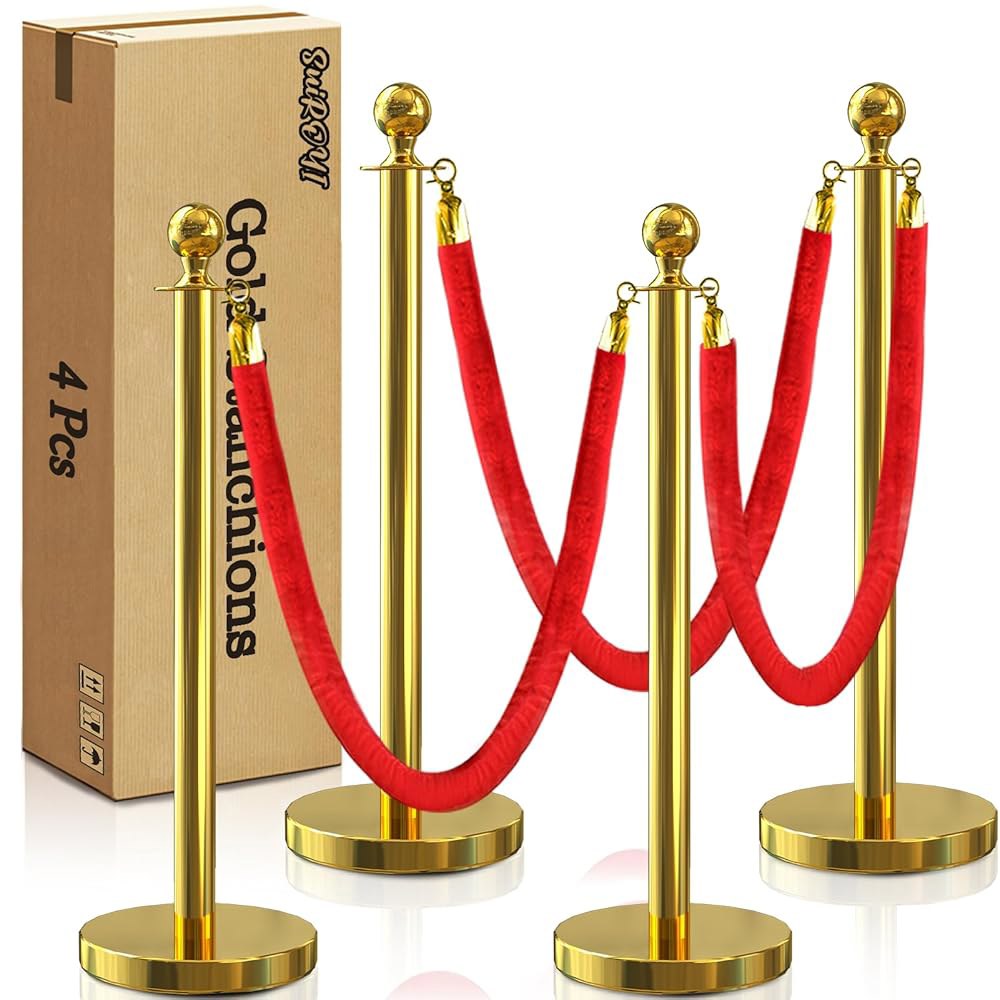 SuiROYI 4Pcs 골드 스탠션과 벨벳 로프 3Pcs 5피트 레드 카펫 3Pcs, 결혼식, 이벤트, 호텔 및 파티 장식을 위한 군중 통제 장벽을 스탠션 게시물 4 Gold - 상품 이미지