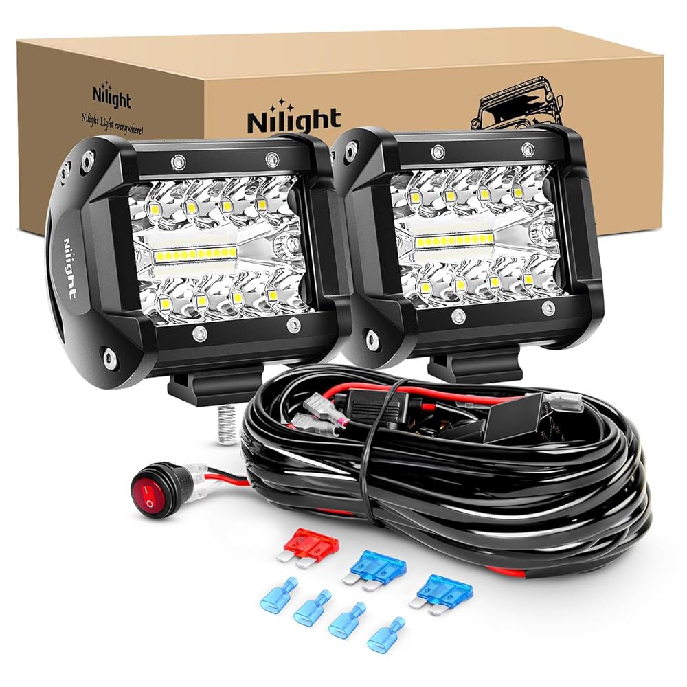 Nilight LED 라이트 바 2PCS 60W 4인치 홍수 지점 콤보 워크 포드 트리플 로우 드라이빙 램프(12피트 배선 하네스 키트 포함) - 리드 2개 - 상품 이미지