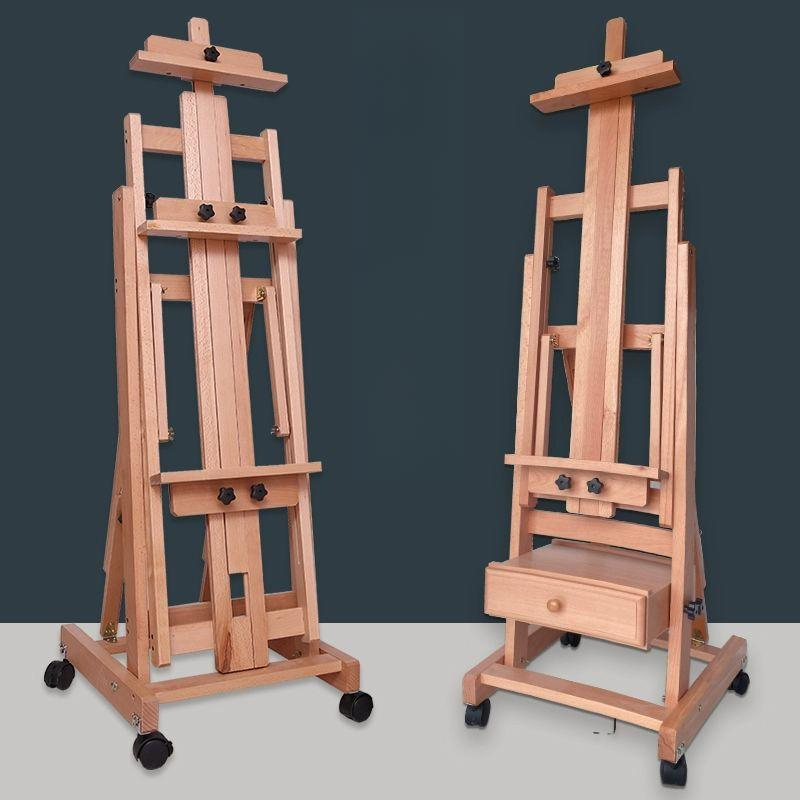 대형 이동식이젤 화판 유화 그림 스탠드 스케치 거치대 원목색 원목이젤 수평 바퀴 - 상품 이미지
