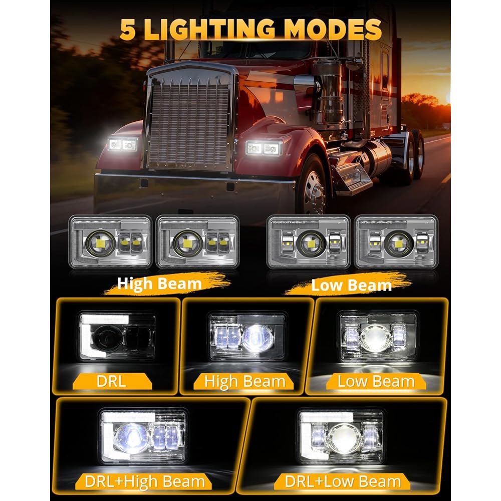 DRL 하이/로 빔 닷이 장착된 Auxbeam 4X6 헤드라이트 4PCS 교체용 H4651 H4652 H4656 H4666 H6545 켄워스 T400 T600 T800 화물기 피터 - 상세 이미지 2