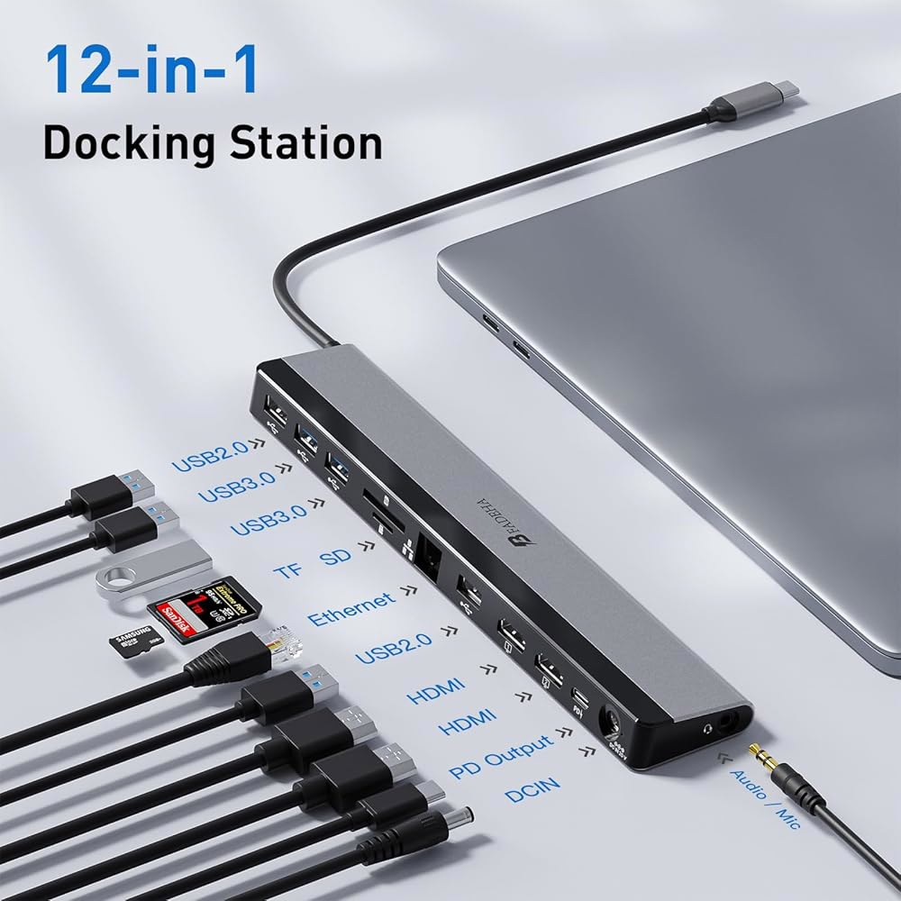 BFADEHA 2025 업데이트된 범용 스테이션 멀티 100W USB USBCMM 노트북 - 모니터 PC용 포트 3개의 디스플레이, 허브, 듀얼 Mac 도킹 PD /A & 지원 - 상세 이미지 2