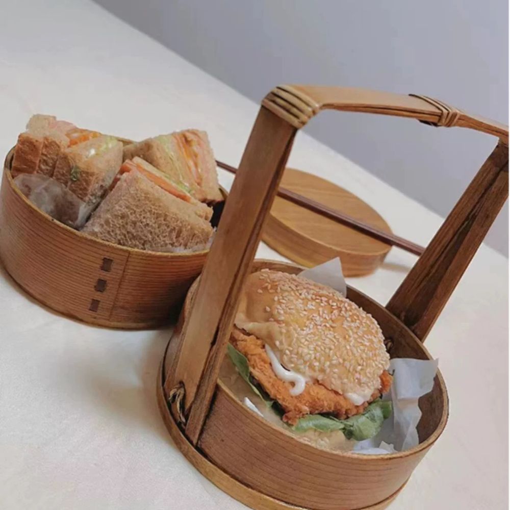 여행용 도시락통 대나무 15cm 2단 런치박스 휴대용 감성 갈색 이미지 6
