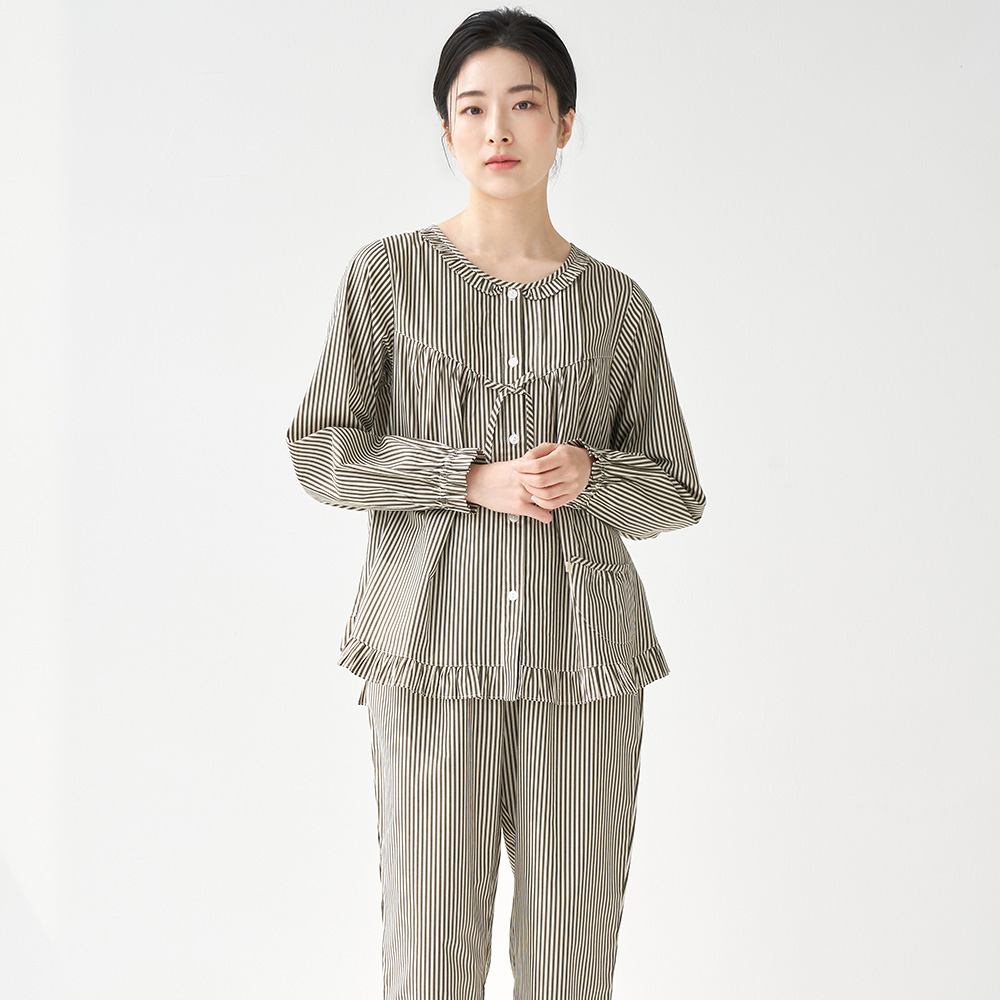 카키ST 여성 순면 긴팔 잠옷 홈웨어 파자마 세트 - 상품 이미지