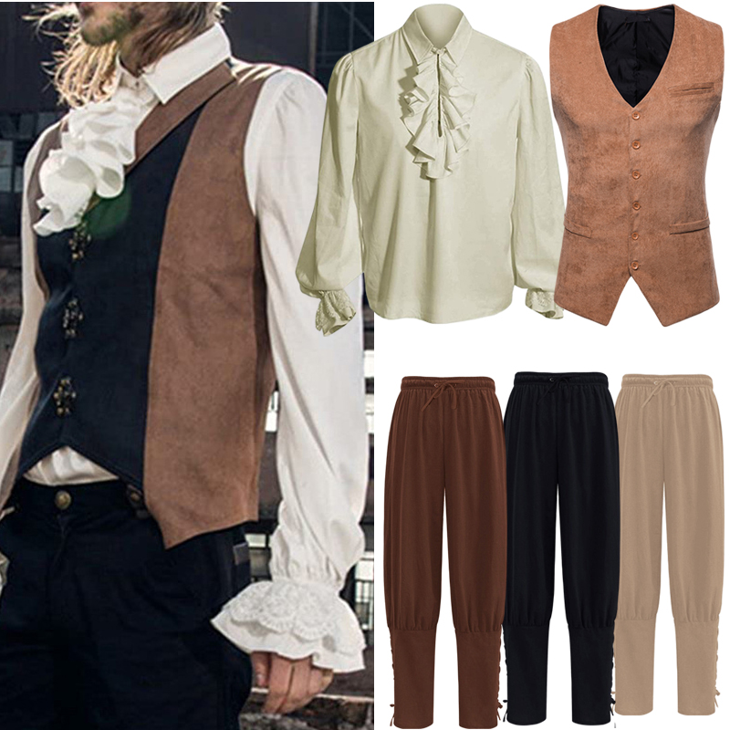 남성 레이스 프릴 셔츠 빈티지 중세 의상 무대의상 파티복 연극복 롱 블라우스 - 상세 이미지 3