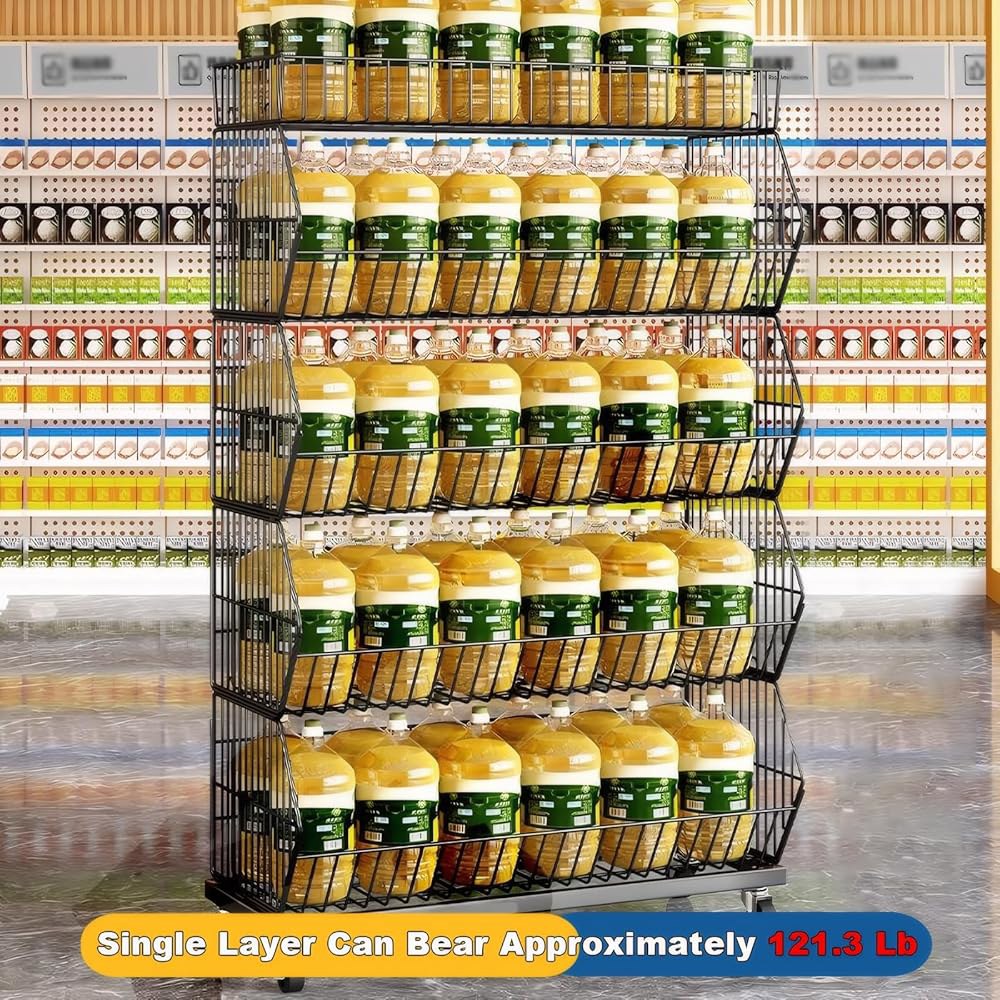 Rjdjbflc 상업용 슈퍼마켓 디스플레이 카트 - 소매점, 창고 및 가정용 5단 산업용 경사 롤링 선반 금속 보관 랙, 55LB / Tier 도구 없는 설정 - 상세 이미지 3