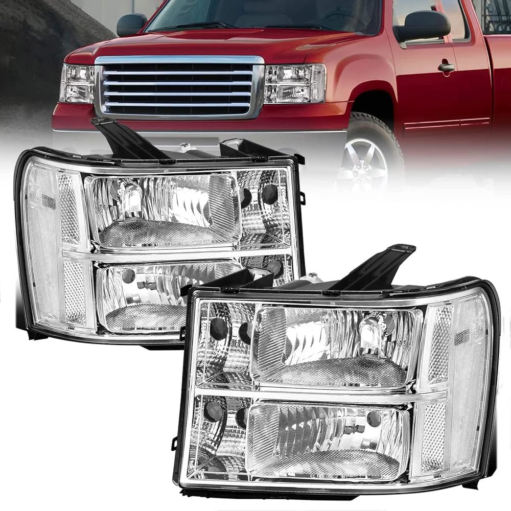 2007-2013 GMC 시에라 1500, 07-14 2500HD 3500HD 헤드램프 교체용 APSVE 헤드라이트 어셈블리, 운전석 및 조수석 측면, 크롬 하우징 클리어 렌즈 - 상세 이미지 2