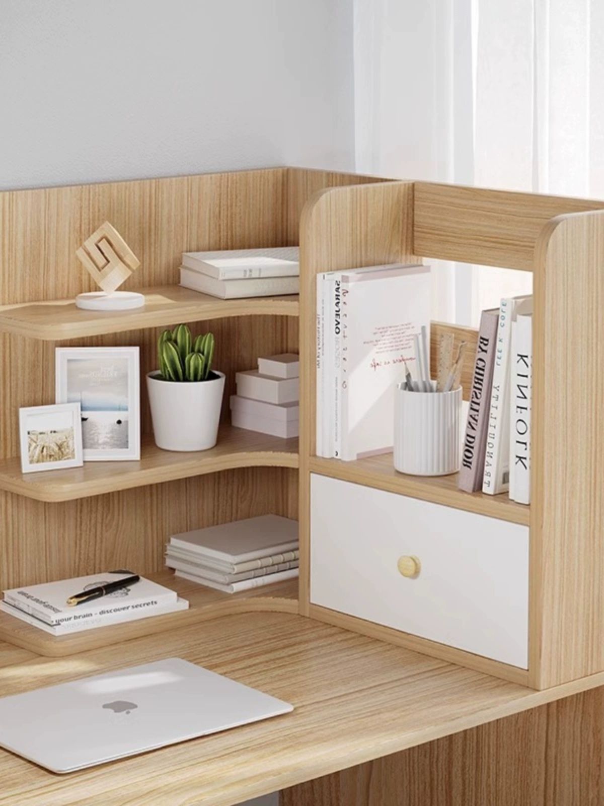 원목 책상 책꽂이 3단 선반 수납 거실 코너 정리함 고무나무 원목가구 - 상세 이미지 4