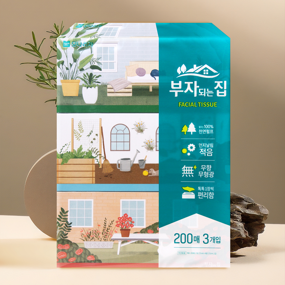 모나리자 부자되는집 각티슈 미용티슈 200매 3개 곽티슈 곽휴지 사각티슈 - 상품 이미지