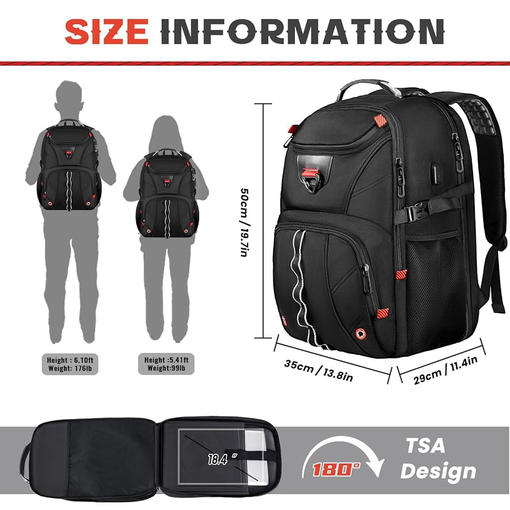 ZMMMA 초대형 여행용 캐리어 XXXL 듀티 대용량 비즈니스 헤비 USB 백팩, 데이팩 노트북 프렌들리 가방 TSA 18.4인치 칼리지 포트 남성/여성용 게이밍 - 상세 이미지 2