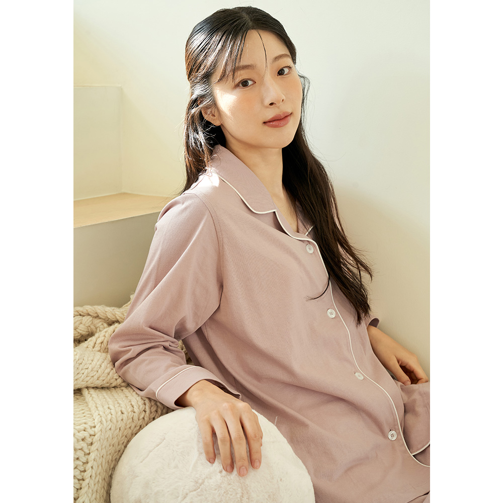 소프트핑크 여성 니트 면 긴팔 잠옷 홈웨어 파자마 세트 - 상세 이미지 4