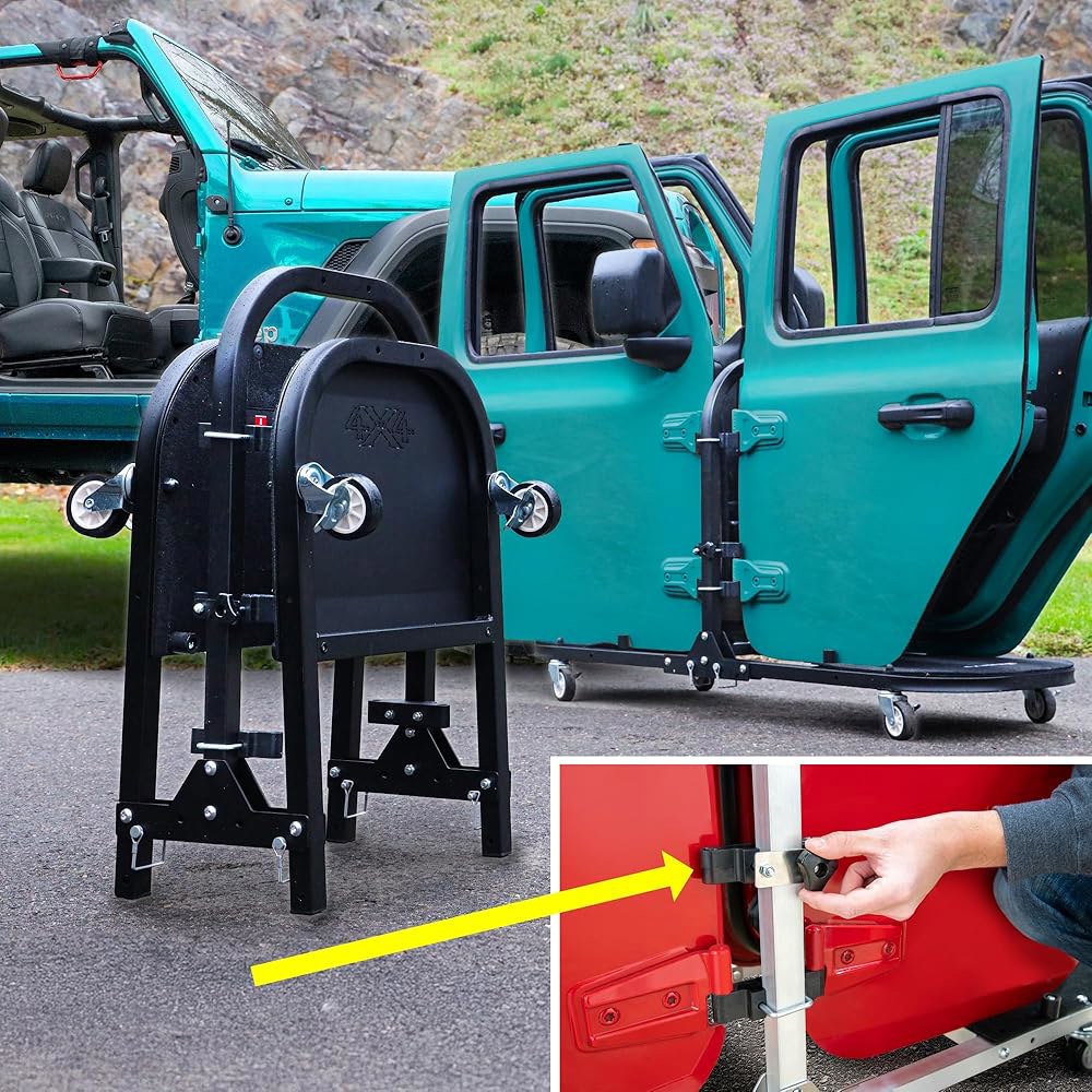 EZ4X4 알루미늄 실버 4도어 접이식 롤링 도어 카트, 보관 랙 홀더 스탠드는 Jeep 랭글러 JL JLU JK JKU TJ YJ 및 글래디에이터 JT 특허를 받았습니다 - 상세 이미지 3