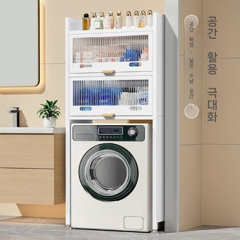 건조기수납장 거치대 정리 세탁기 철제 프레임 무타공 세탁기위선반 화이트우드 랙 드럼 - 상세 이미지 2