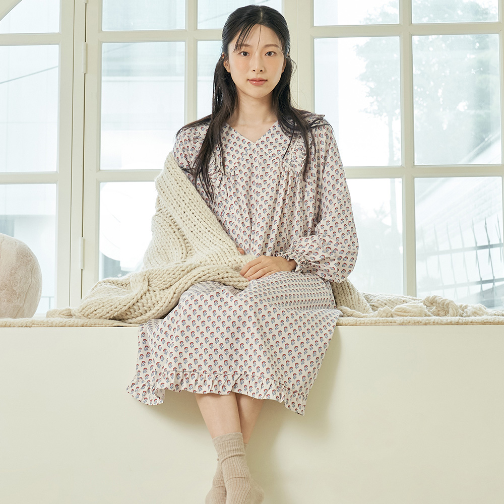 맨드라미 여성 모달 면 긴팔 원피스 잠옷 홈웨어 파자마 - 상품 이미지