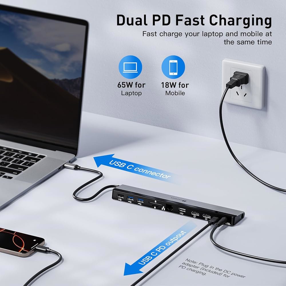 BFADEHA 2025 업데이트된 범용 스테이션 멀티 100W USB USBCMM 노트북 - 모니터 PC용 포트 3개의 디스플레이, 허브, 듀얼 Mac 도킹 PD /A & 지원 - 상세 이미지 3