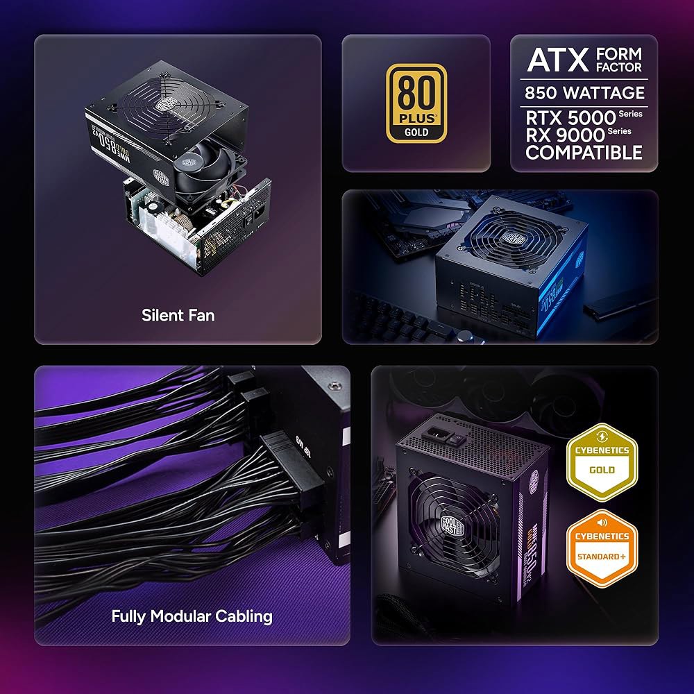 쿨러 마스터 MWE 골드 850 V2 풀 모듈형 전원 공급 장치 u2013 850W 80+ 인증 PSU, 듀얼 EPS 커넥터, 세미 팬리스 저소음 설계, 플랫 블랙 케이블, 신뢰할 - 상세 이미지 2