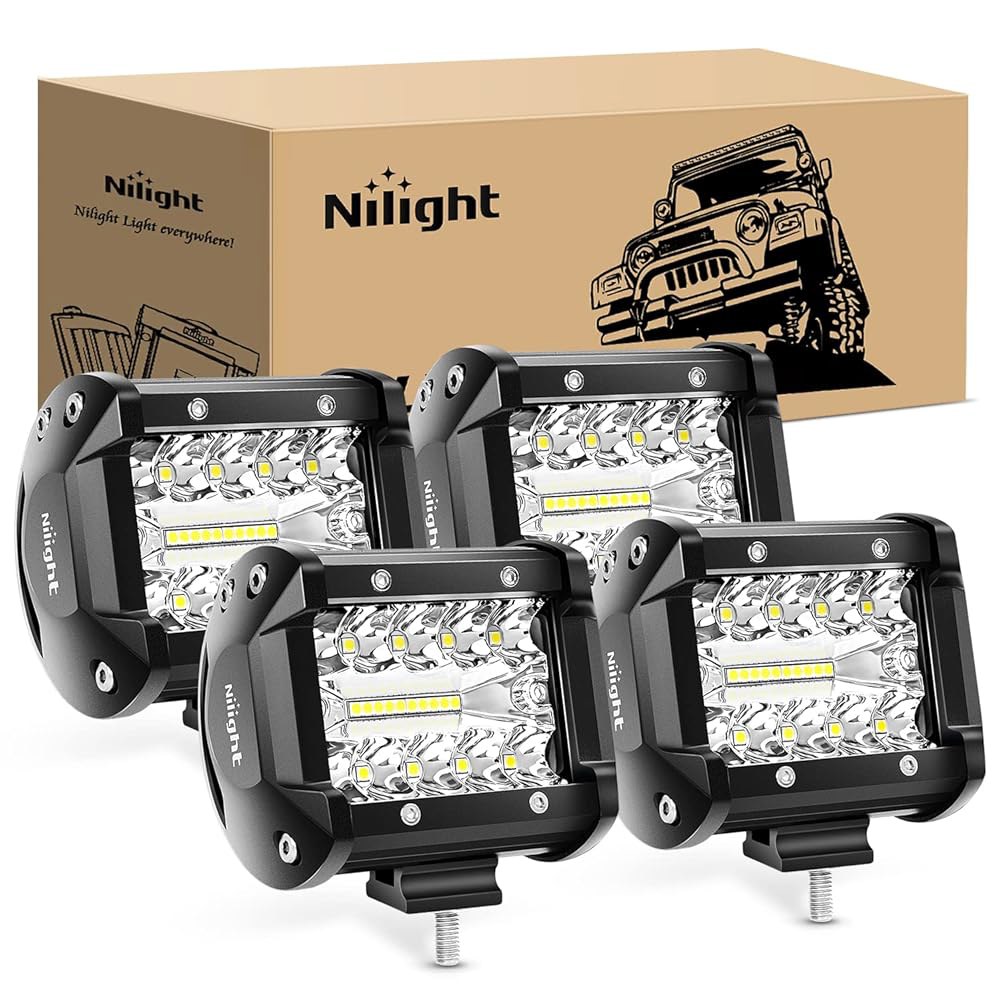 Nilight 4Pcs LED 포드 4인치 60W 트리플 로우 홍수 지점 콤보 6000LM 라이트 바 드라이빙 안개등, 트럭 픽업 골프 카트 SUV ATV UTV 4x4 밴 캠퍼 - 상품 이미지