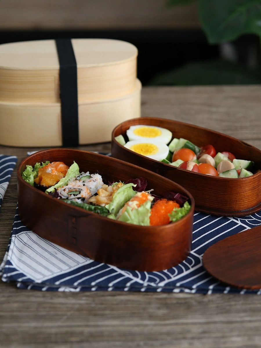 벤또 일본식도시락 우드 이중층 런치박스 원형나무도시락 단층 타원형 소풍 직장인 이미지 6