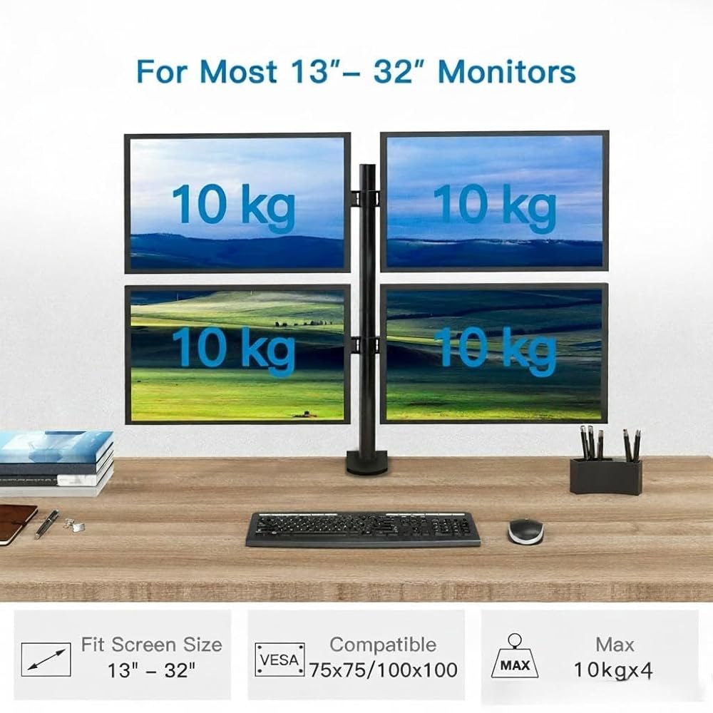 화누오 쿼드 컴퓨터 최대 75x75100mm를 17.6파운드, 듀티 27인치까지 스탠드, 수용할 팔은 LCD 모니터 가능한 헤비 장착 4개의 - 화면 가능 수 마운트 VESA - 상세 이미지 3