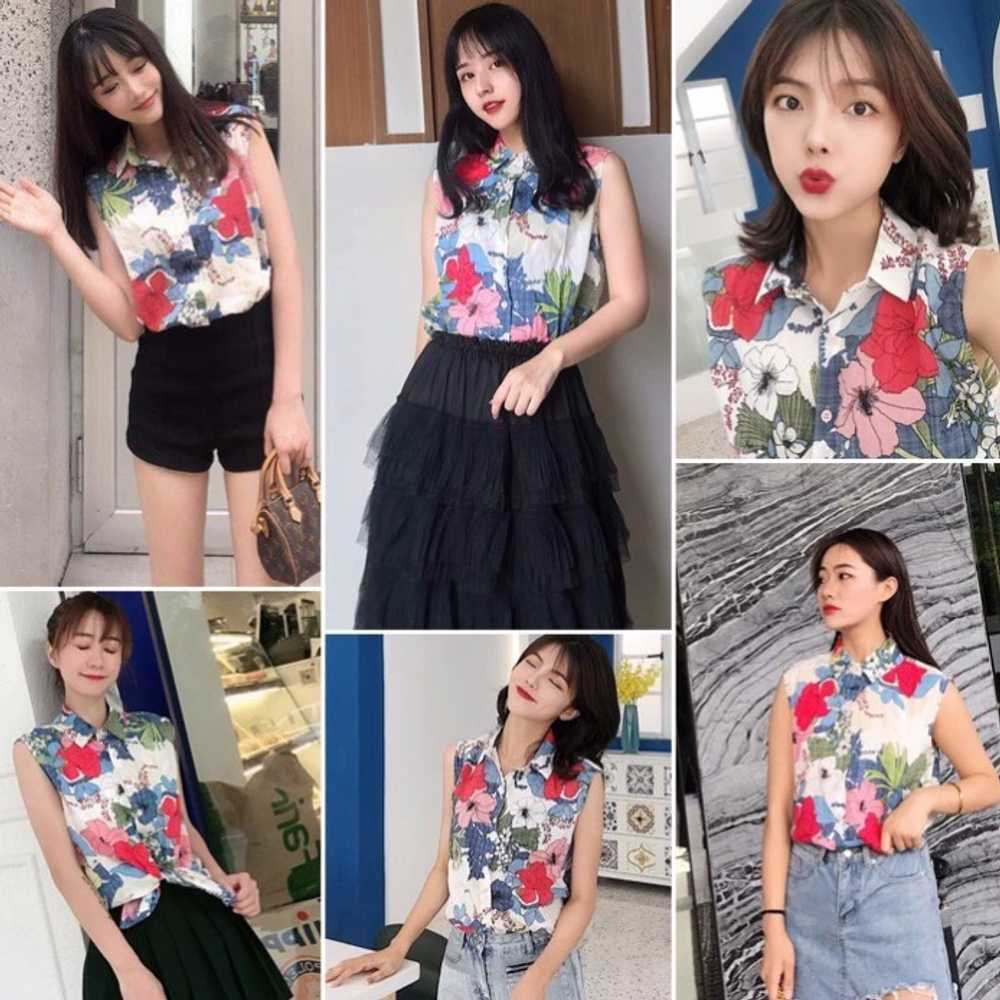 단추 티셔츠 느슨한 민소매 꽃무늬 스타 남방 코튼 디자인 봄 여성 인쇄 가을 빈티지 - 상세 이미지 4