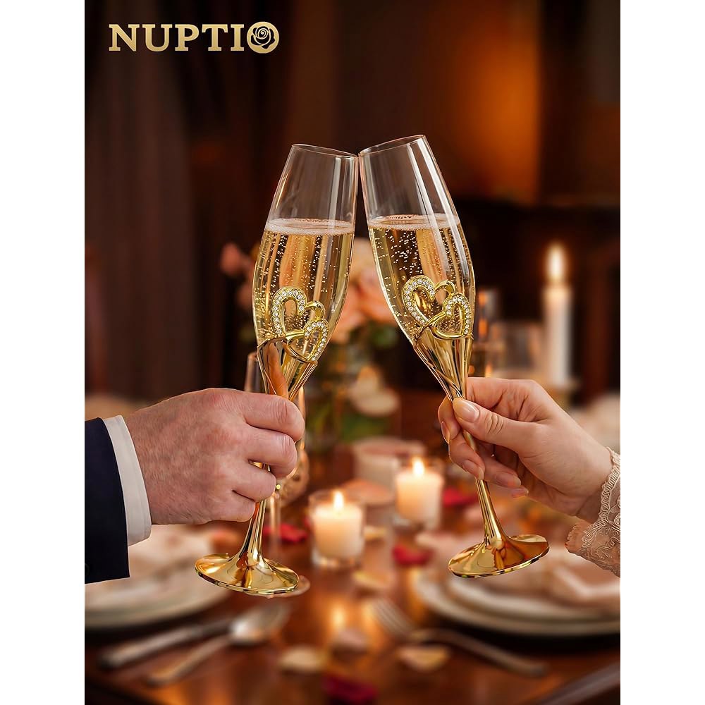 NUPTIO 크리스탈 샴페인 플루트 결혼식 금 잔 2개 세트와 나무 선물 상자 프로세코 유리 커플 신부 및 신랑 약혼 기념일 샤워 토스트 세트 Silver - 상세 이미지 2