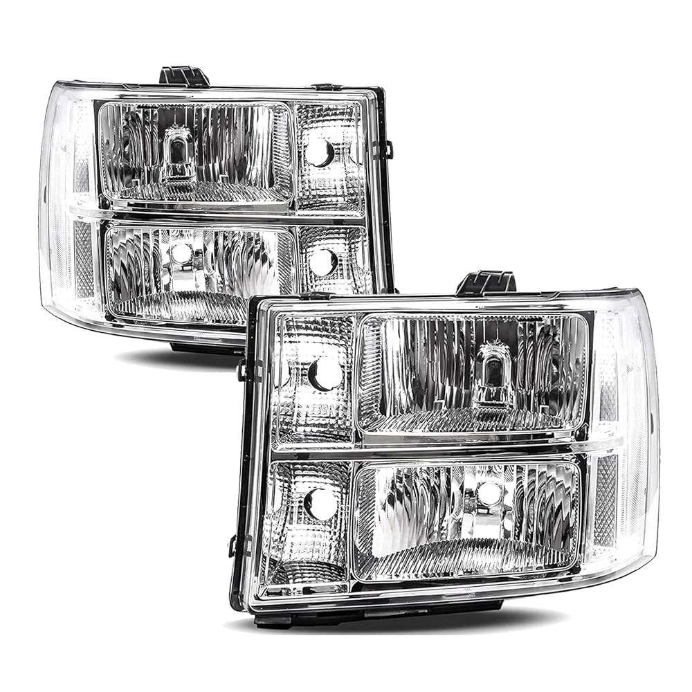 2007-2013 GMC 시에라 1500, 07-14 2500HD 3500HD 헤드램프 교체용 APSVE 헤드라이트 어셈블리, 운전석 및 조수석 측면, 크롬 하우징 클리어 렌즈 - 상품 이미지
