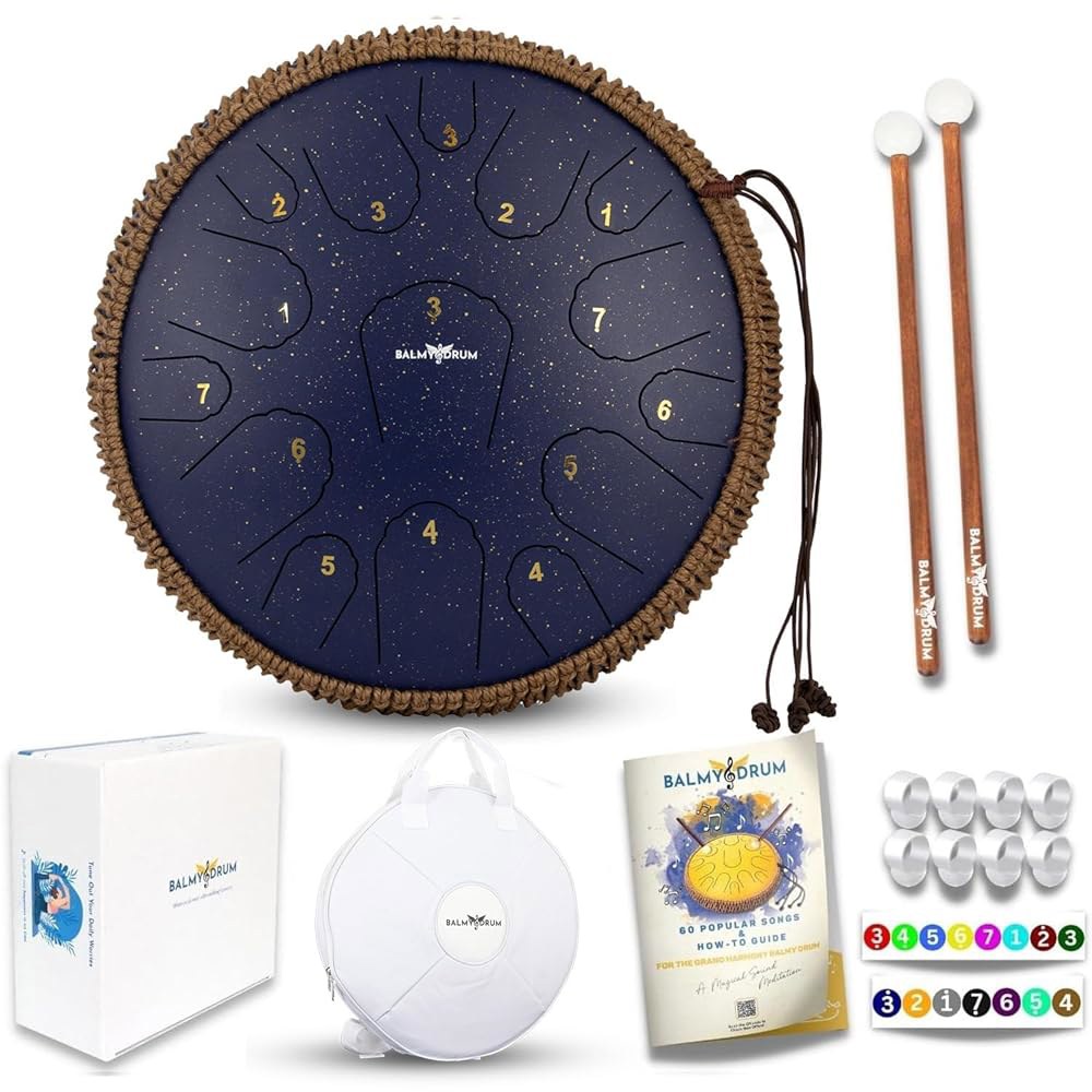 발미 드럼 스틸 텅 14인치 15노트 440Hz, 음악책이 있는 핸드팬 드럼, 망치, 캐리백, 핑거픽, 야외용 레인 명상 요가 진정 기구(블루) - 상품 이미지
