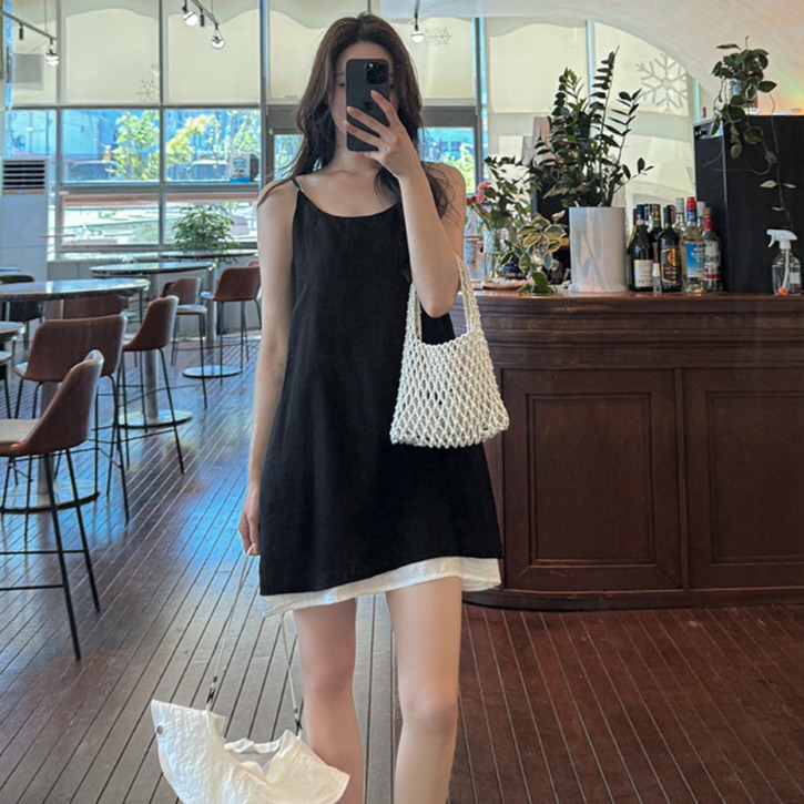 루즈핏 카라넥 셔츠 스트랩 뷔스티에 미니 원피스 세트 - 상세 이미지 5