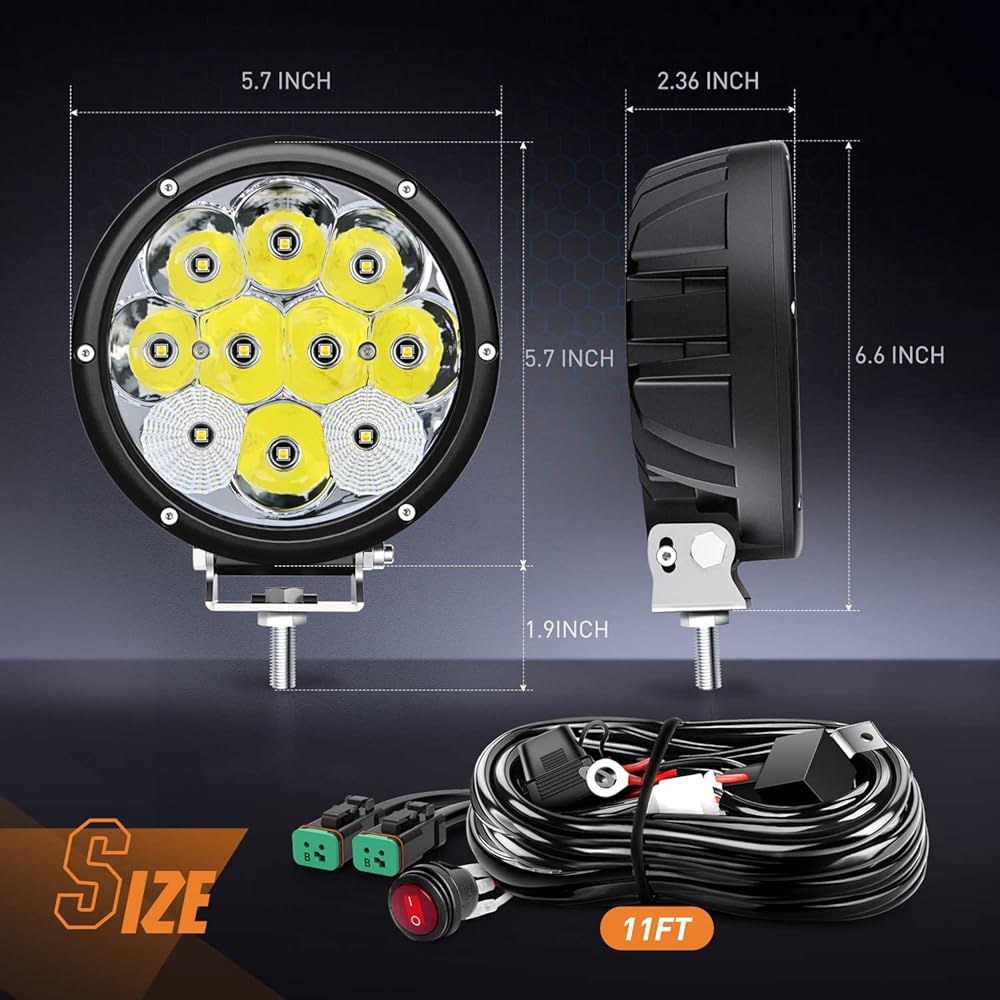Nilight 5.7인치 원형 50W LED 드라이빙 라이트 포함 / 16AWG DT 커넥터 배선 하네스 6500LM IP68 스팟 플러드 콤보 작업 램프 오프로드 ATV UTV - 상세 이미지 2