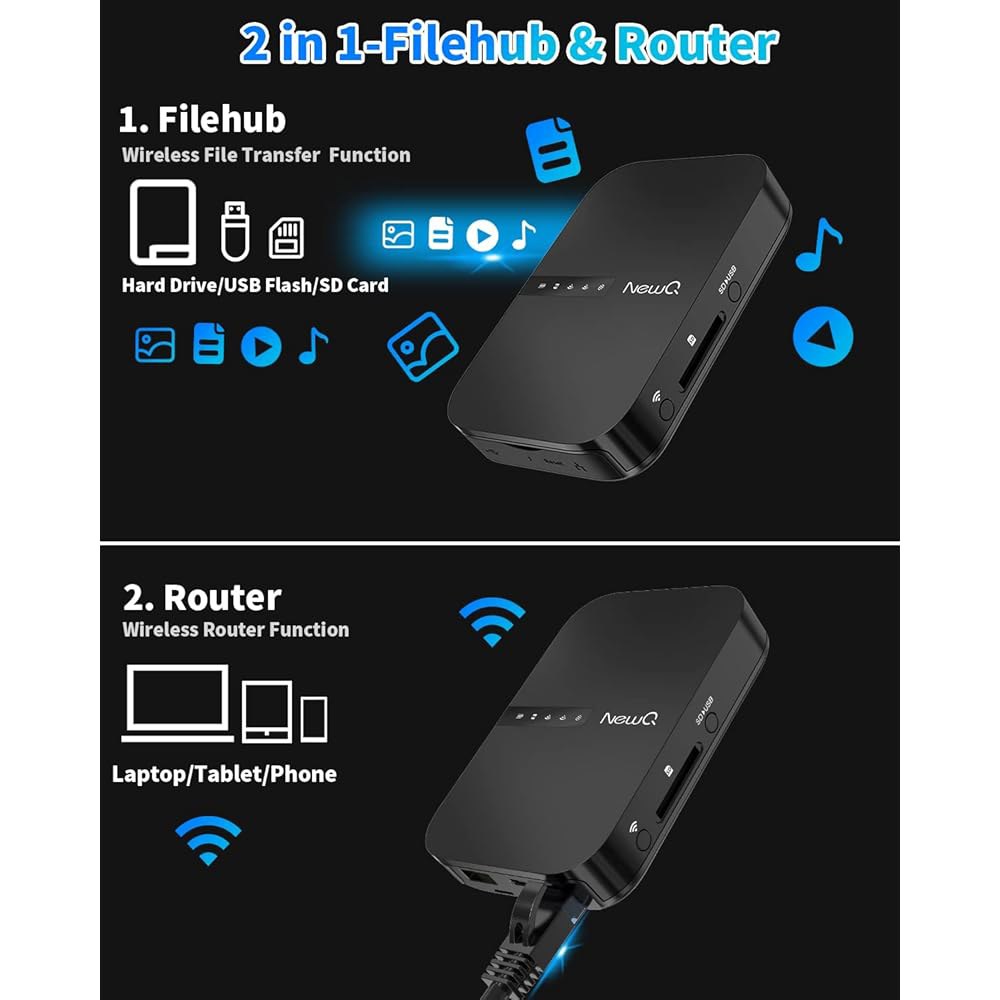NewQ 파일허브 AC750 여행 라우터 휴대용 하드 드라이브 SD 카드 리더 및 여행용 미니 WiFi 범위 확장기 | iPhone에서 사진 파일을 백업할 수 있는 무선 액세스 - 상세 이미지 2