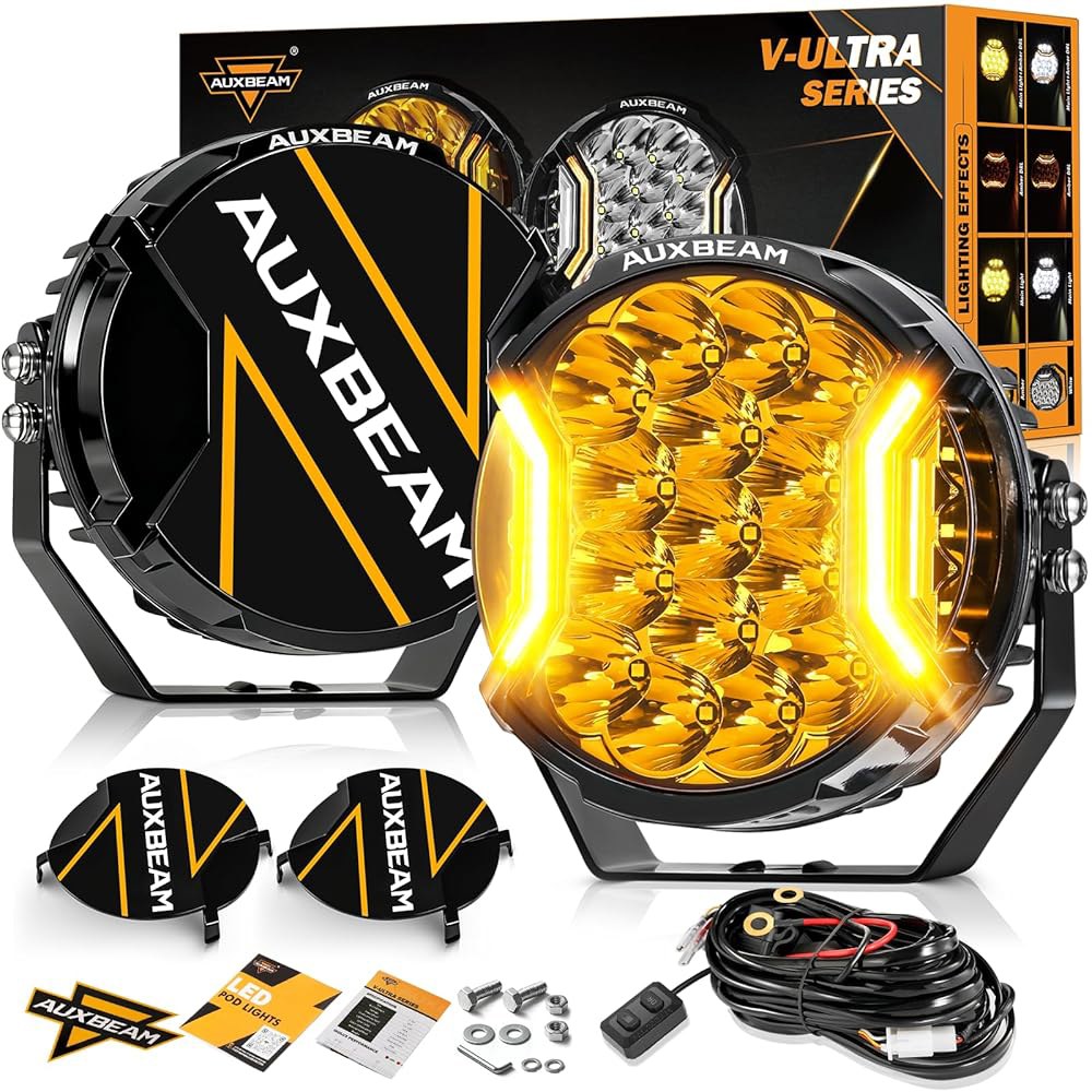 Auxbeam 7인치 LED 사이드 슈터 라이트, 오프로드 주행 V-Ultra 시리즈 라운드 앰버 DRL이 장착된 226W 하이퍼 스포트라이트, 270 와이드 레인지 유니버설 옐로 - 상품 이미지