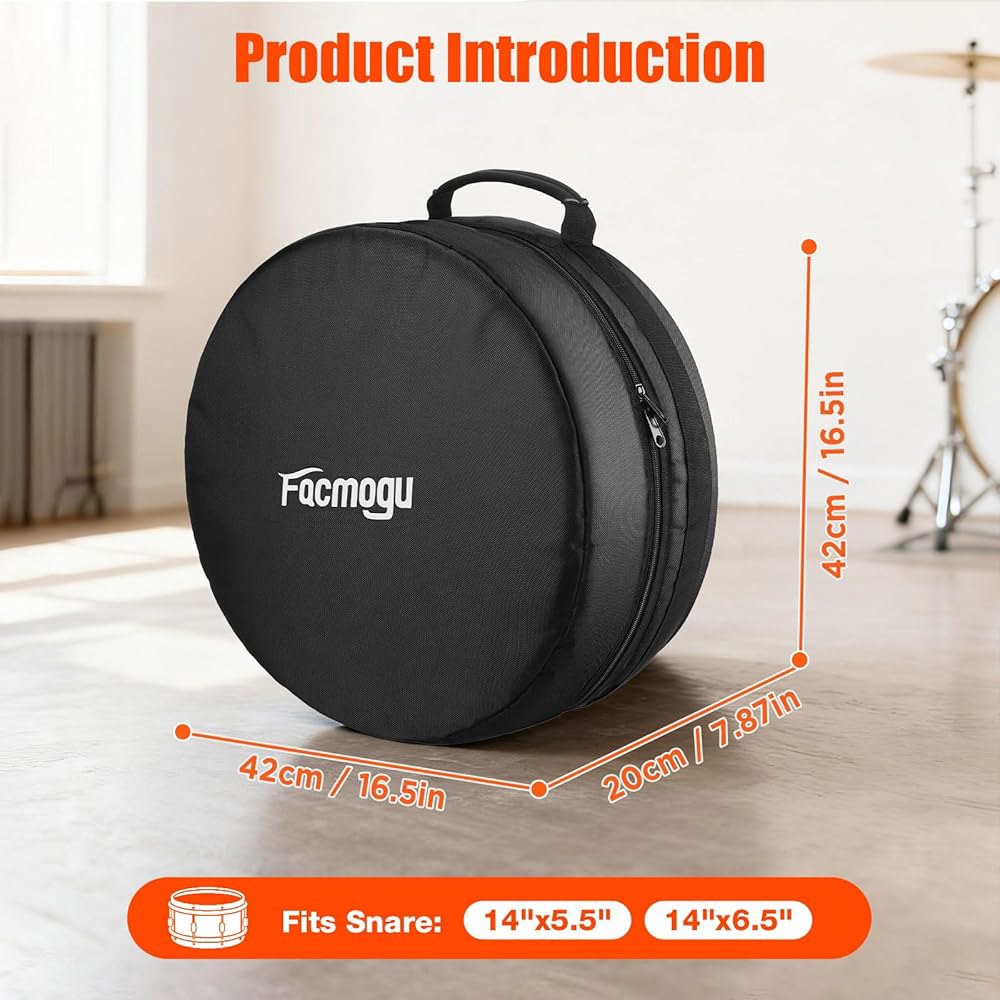 Facmogu 14 x 5.5 / 6.5 스네어 드럼 케이스, 두꺼운 폼 패딩 가방 헤비 듀티 610D 옥스포드, 강화 손잡이, 가벼운 여행용 케이스 헤드 수납 - 심벌 보관용 - 상세 이미지 2