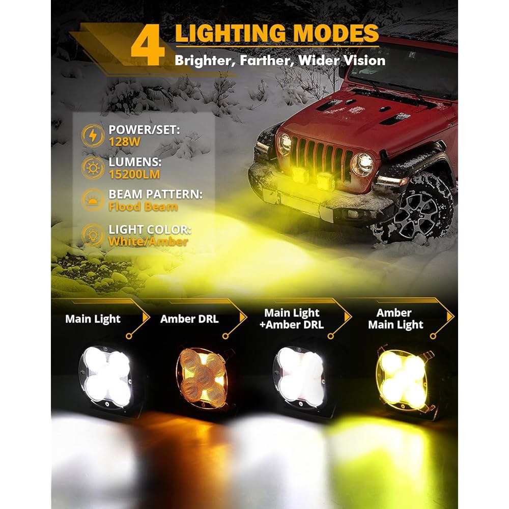 Auxbeam 4인치 LED 포드 라이트, 앰버 DRL이 장착된 XP 울트라 시리즈 128W 플러드 빔 오프로드 DT 플러그 배선 하네스가 라이트 커버가 구동 큐브 디치 페어 - 상세 이미지 2