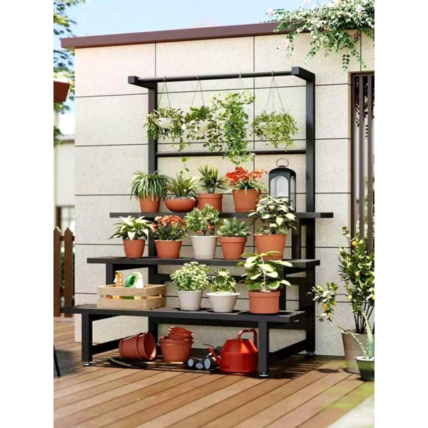 튼튼한 다용도 철제 화분 받침대 계단식 식물 선반 블랙 삼중 칸 80cm 봉 포함 - 상품 이미지