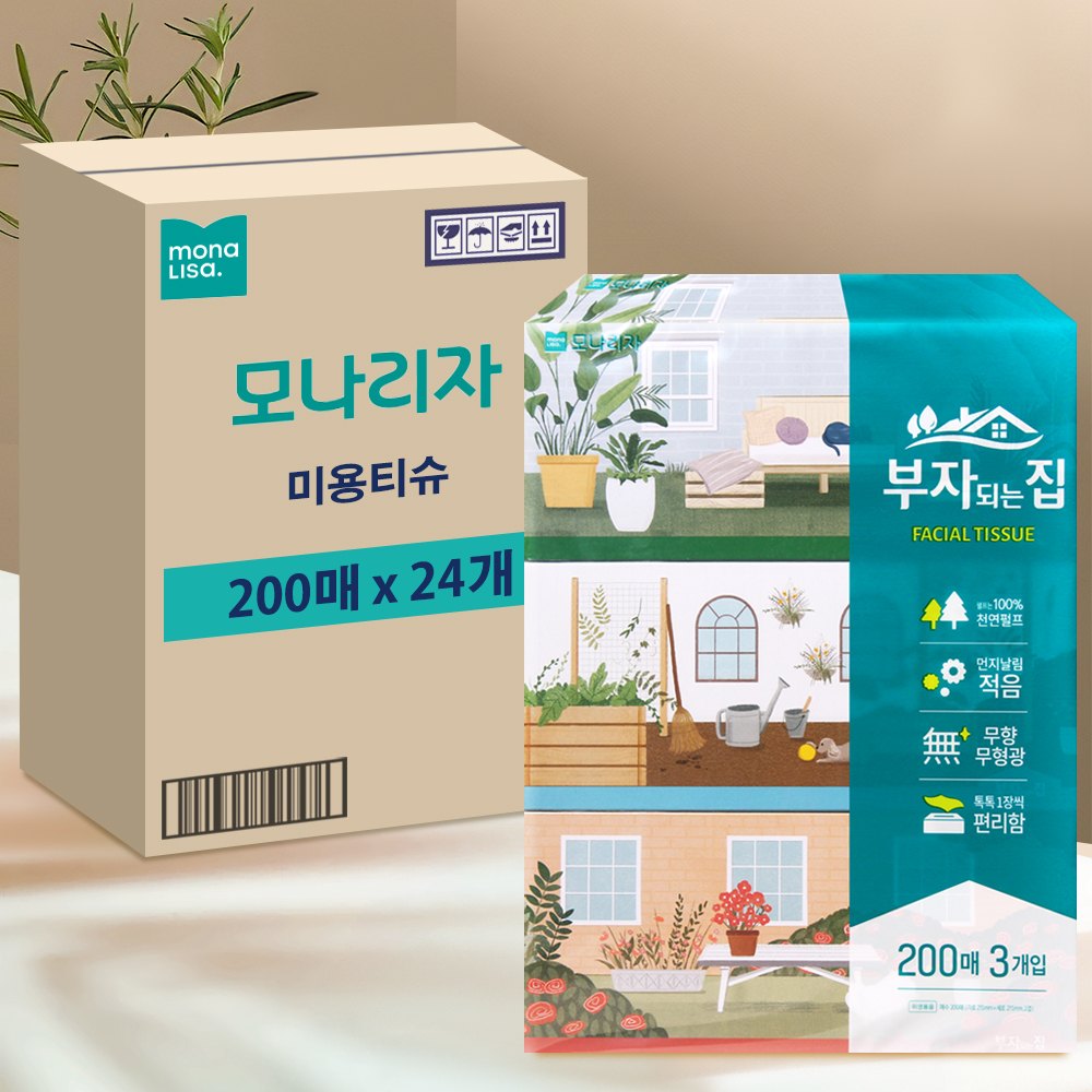 모나리자 부자되는집 각티슈 미용티슈 200매 24개 1박스 곽티슈 곽휴지 사각티슈 - 상품 이미지