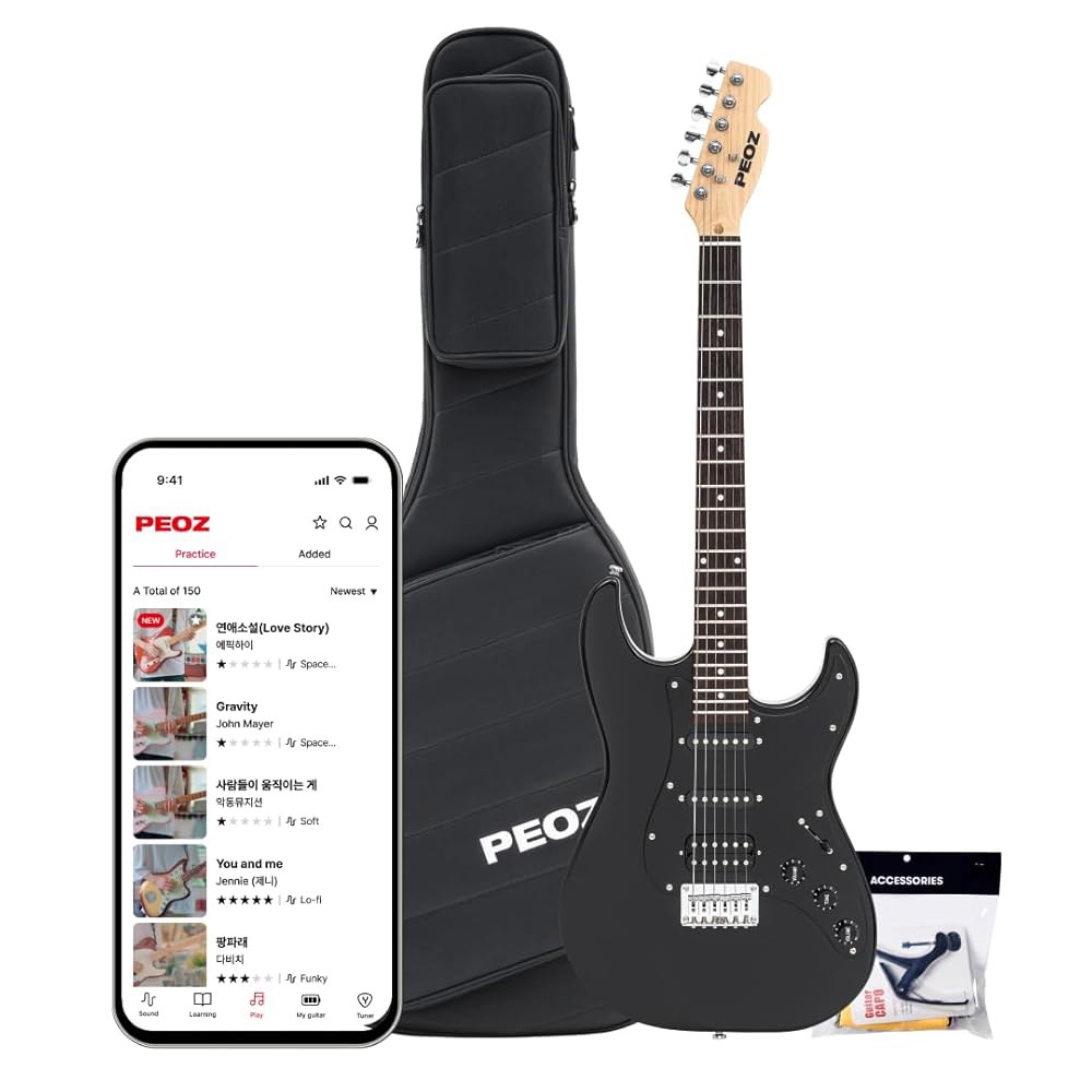 PEOZ 일렉트릭 기타, 35개의 음향 효과가 있는 스마트 디지털 내장 튜너, USB 인터페이스, 5W 스피커, (딥 블랙) Deep Black - 상품 이미지