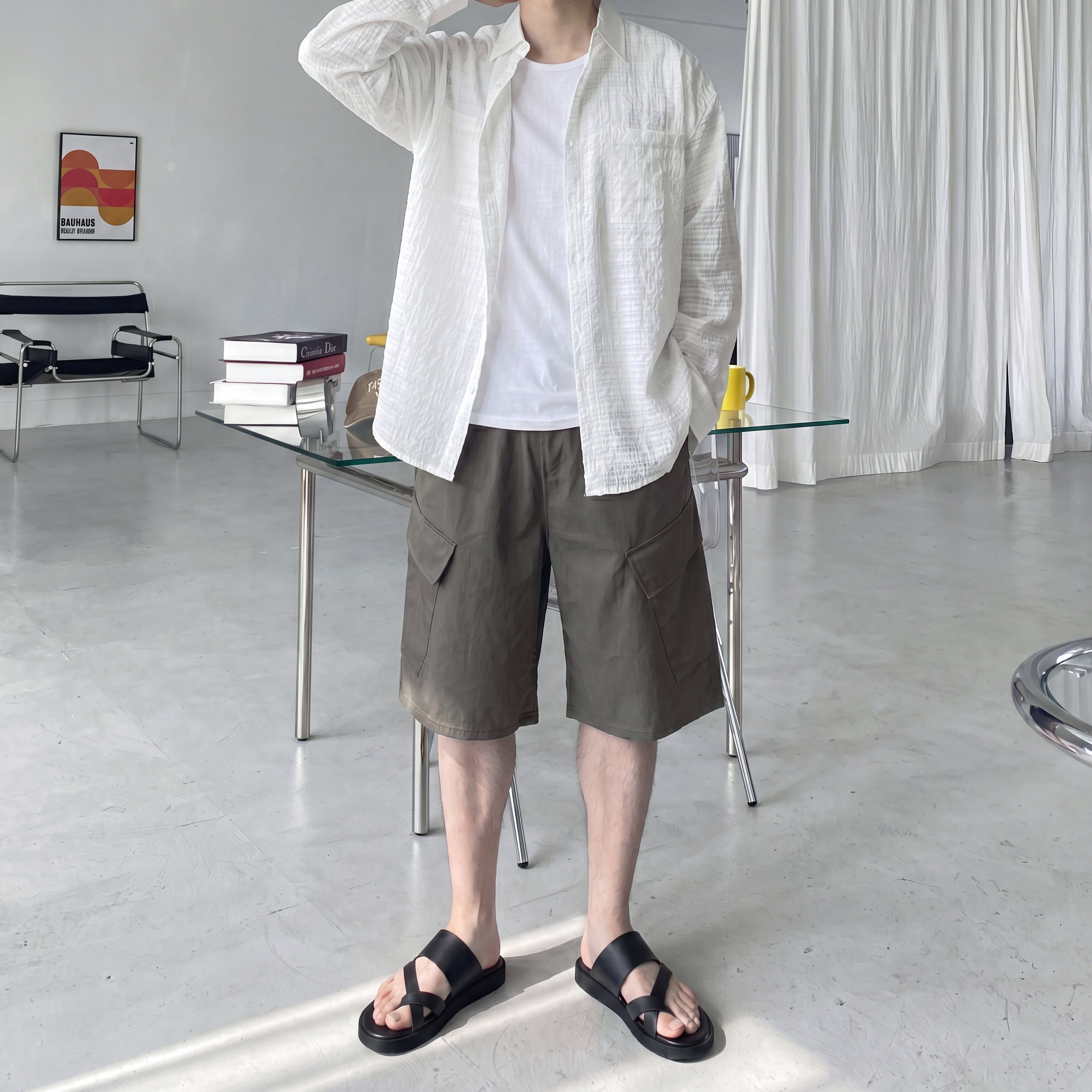 투포켓 워셔블 시어서커 여름 긴팔 오버핏 체크 구김없는 시스루 캐주얼 셔츠 4color - 상세 이미지 3