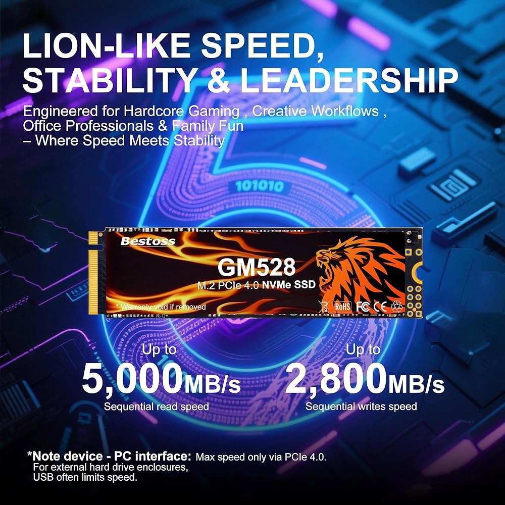 베스토스 512GB M.2 SSD NVMe PCIe 2280 내장 솔리드 스테이트 하드 드라이브, 최대 5000MB/s, 3D NAND SLC 캐시, 게이밍 PC 스토리지용 SSD - 상세 이미지 3