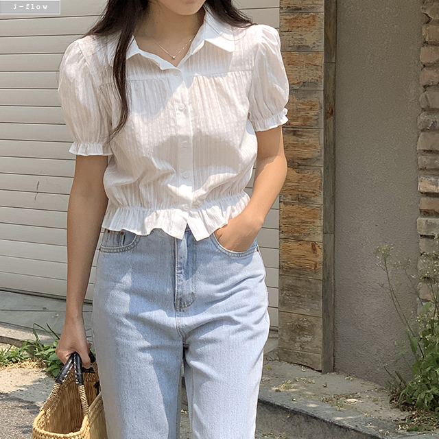 윈더 카라 프릴 밴딩 크롭 블라우스 2col 여름 봄 퍼프 자수 레이스 청순 제이플로우 이미지 7