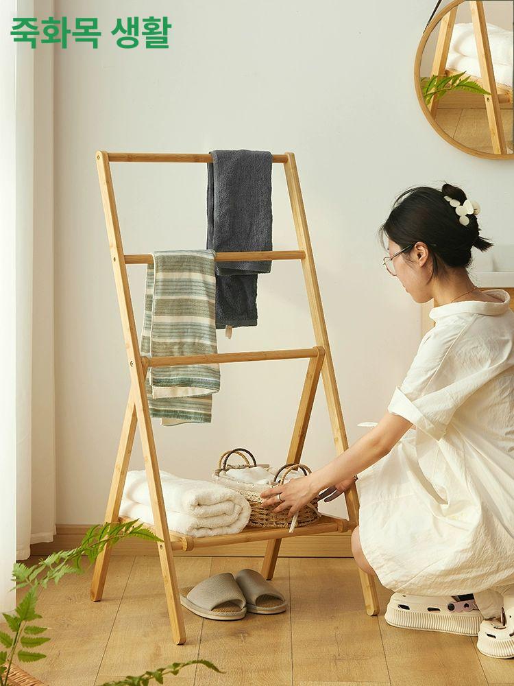 행거 옷걸이 거치대 선반 사다리 슬림 원색 원목 스탠딩 원목스탠드 - 상세 이미지 2