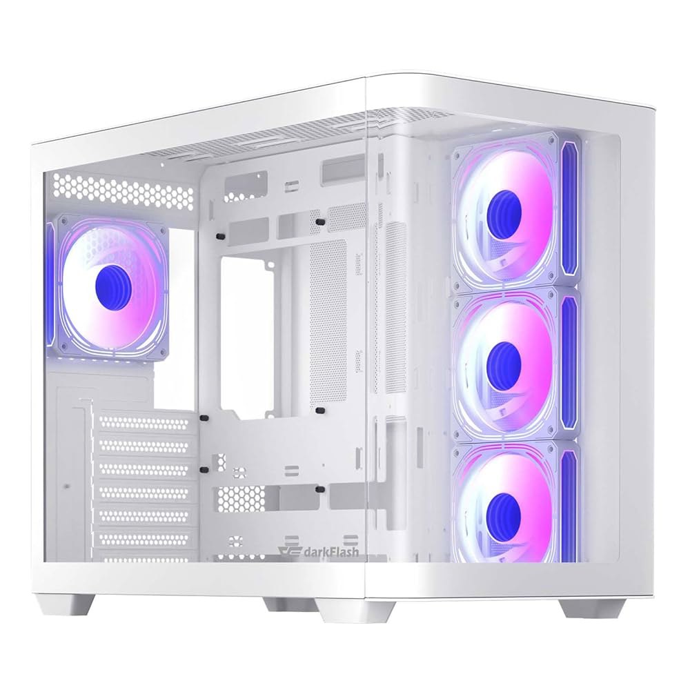darkFlash ATX 미드타워 게이밍 PC 케이스, 360mm AIO 팬 화이트(DPW90) C 챔버 4개 컴퓨터 포트, 타입 마더보드, 플러그인 BTF 풀 듀얼 백 유리 뷰 - 상품 이미지