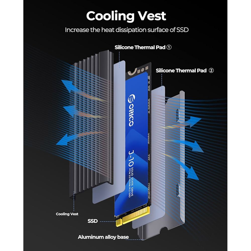 히트싱크가 장착된 ORICO M.2 NVMe SSD 512GB, 최대 2800MB /s PCIe Gen3x4 2280 내장 솔리드 스테이트 드라이브, SLC 캐시 3D NAND, - 상세 이미지 2
