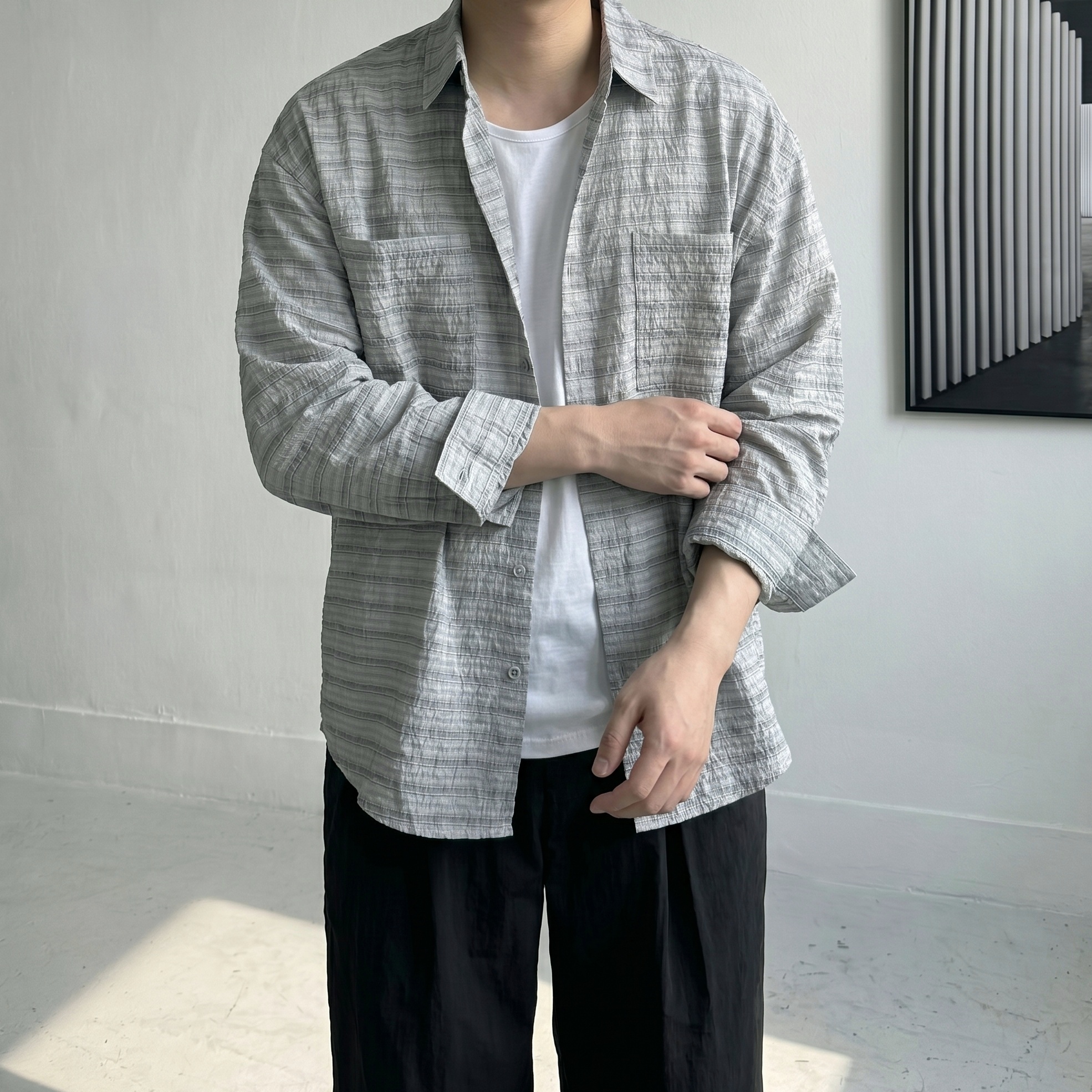 투포켓 워셔블 시어서커 여름 긴팔 오버핏 체크 구김없는 시스루 캐주얼 셔츠 4color 이미지 8