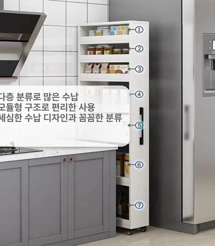 슬라이딩 녹색 틈새 수납장 거실 다용도 북유럽 틈새수납장 냉장고장 화이트 이동식 야채보관 - 상세 이미지 3