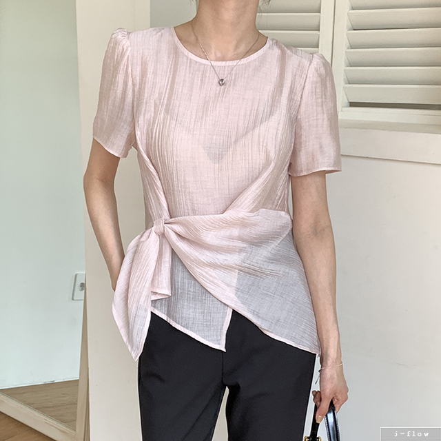 태티 매듭 언발 라운드 텐셀 블라우스 3col 여름 봄 반팔 시스루 꼬임 사선 제이플로우 - 상세 이미지 2