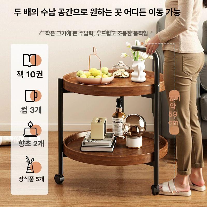 원형 원목트롤리 커피 엔틱 월넛색 웨건 바퀴 서빙카트 빈티지 - 상세 이미지 3