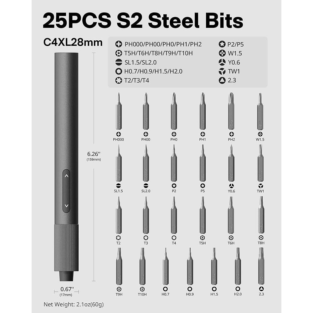 HOTO 25-in-1 미니 전기 드라이버, 3.7V 정밀 드라이버 세트, USB-C 충전식 소형 자석 공구, 휴대폰, 노트북, 카메라, DIY 프로젝트, 전자제품 수리 - 상세 이미지 2
