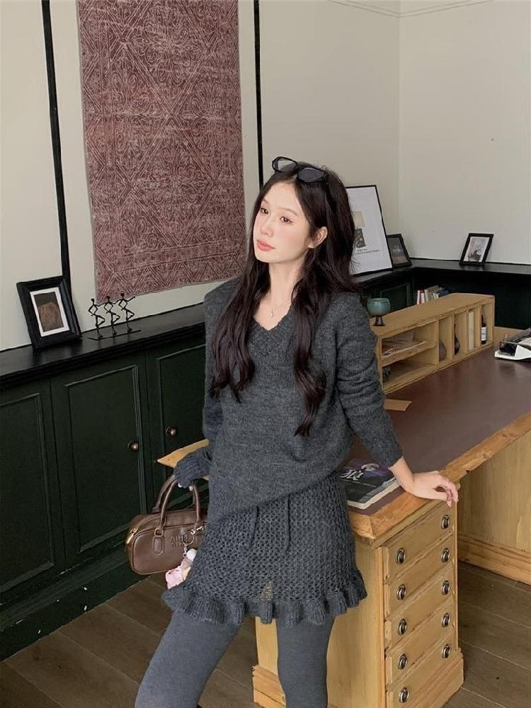 언밸런스 루즈핏 투피스 치마 A라인 펀칭스커트 세트 캐주얼 여성 여름 반팔 팬츠 반바지 - 상세 이미지 5